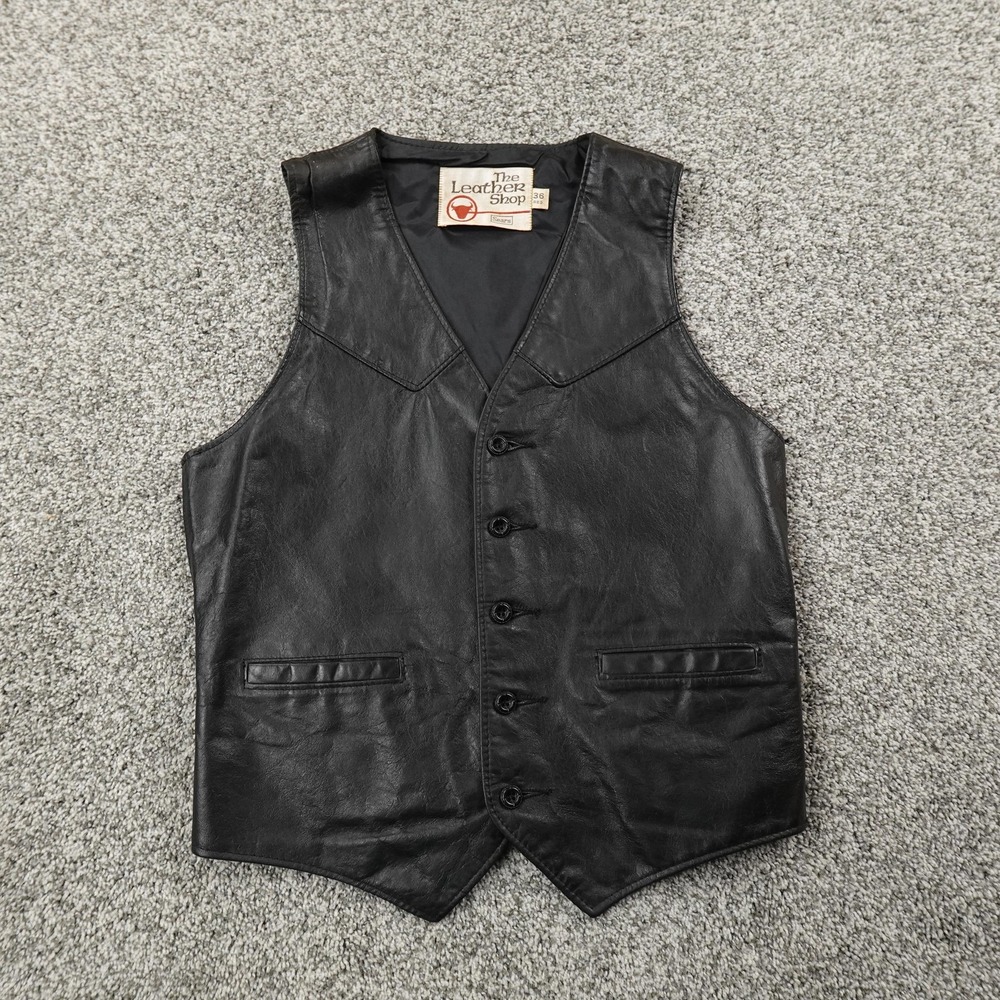 VTG Sears Leather Shop Vest Mens 36 Black Western Cowboy Motorcycle Biker 70s